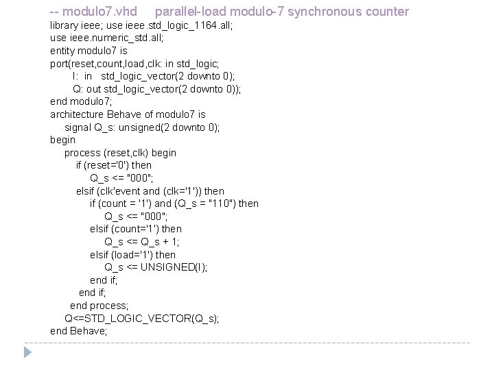 -- modulo 7. vhd parallel-load modulo-7 synchronous counter library ieee; use ieee. std_logic_1164. all;