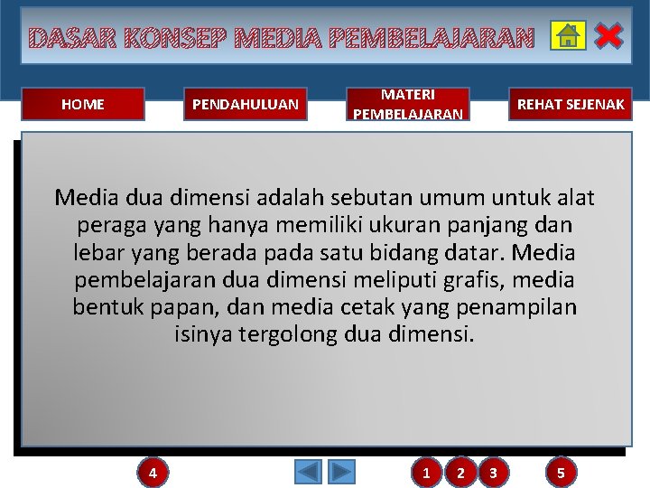 DASAR KONSEP MEDIA PEMBELAJARAN HOME PENDAHULUAN MATERI PEMBELAJARAN REHAT SEJENAK Media dua dimensi adalah