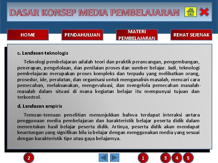 DASAR KONSEP MEDIA PEMBELAJARAN HOME PENDAHULUAN MATERI PEMBELAJARAN REHAT SEJENAK c. Landasan teknologis Teknologi