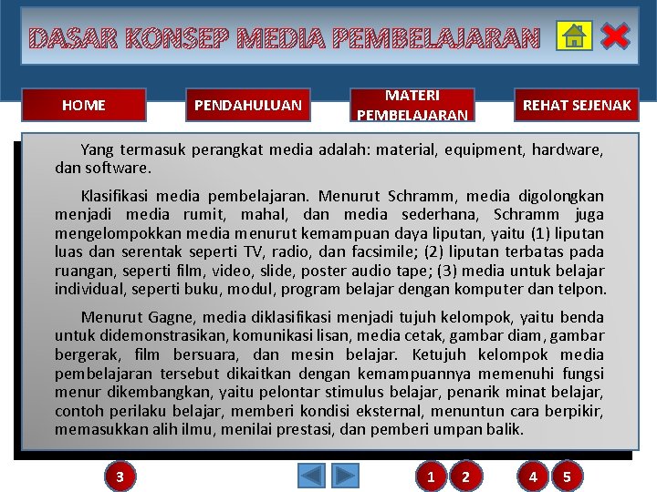 DASAR KONSEP MEDIA PEMBELAJARAN HOME PENDAHULUAN MATERI PEMBELAJARAN REHAT SEJENAK Yang termasuk perangkat media