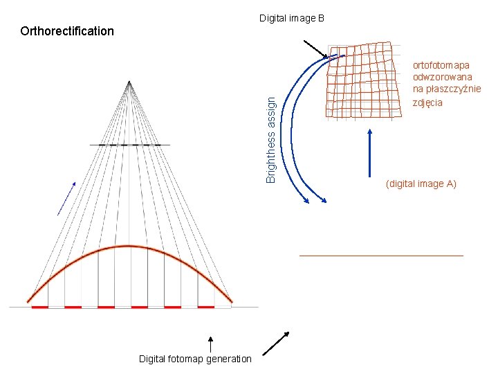 Digital image B Brighthess assign Orthorectification Digital fotomap generation ortofotomapa odwzorowana na płaszczyźnie zdjęcia