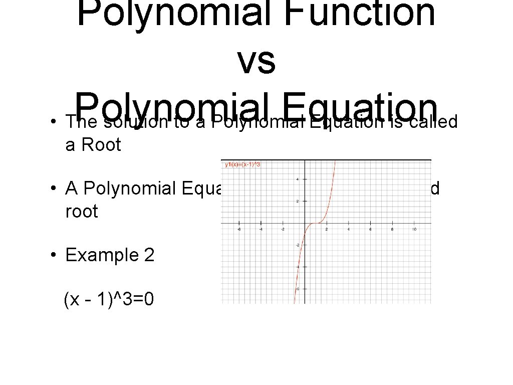 Polynomial Function vs Polynomial Equation • The solution to a Polynomial Equation is called Polynomial Function vs Polynomial Equation • The solution to a Polynomial Equation is called