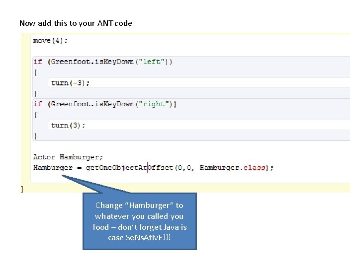 Now add this to your ANT code Change “Hamburger” to whatever you called you