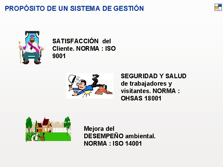PROPÓSITO DE UN SISTEMA DE GESTIÓN SATISFACCIÓN del Cliente. NORMA : ISO 9001 SEGURIDAD