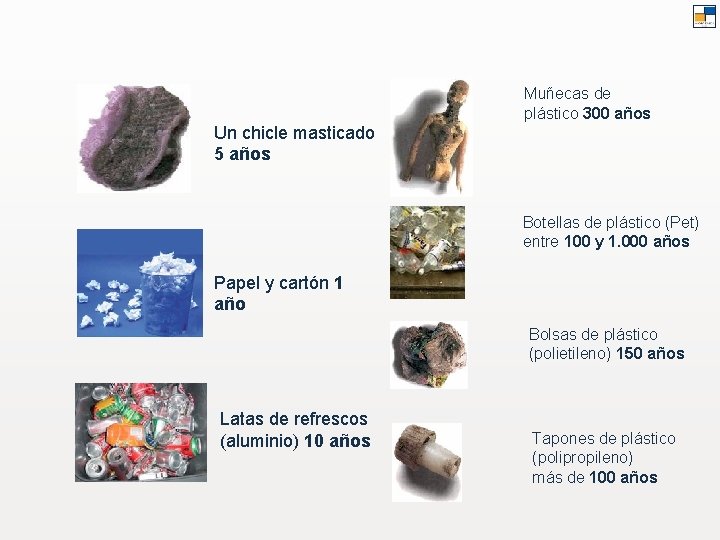 Muñecas de plástico 300 años Un chicle masticado 5 años Botellas de plástico (Pet)