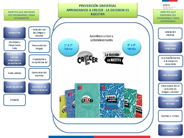 AMBITOS QUE ABORDAN LOS PROGRAMAS / PARA ESTUDIANTES Autoestima Relación con las drogas y