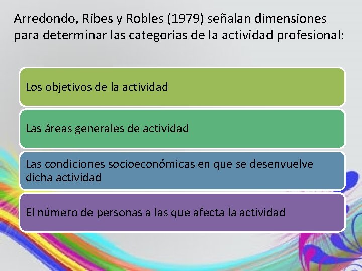 Arredondo, Ribes y Robles (1979) señalan dimensiones para determinar las categorías de la actividad