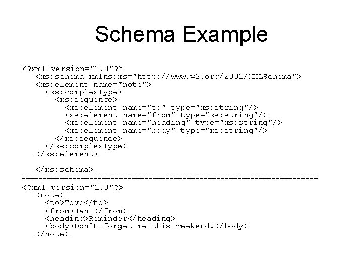 Schema Example <? xml version="1. 0"? > <xs: schema xmlns: xs="http: //www. w 3.