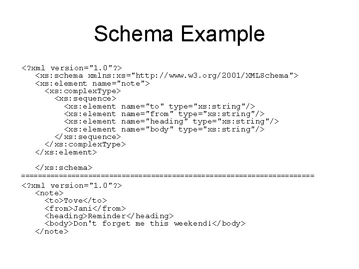 Schema Example <? xml version="1. 0"? > <xs: schema xmlns: xs="http: //www. w 3.