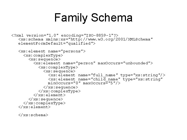 Family Schema <? xml version="1. 0" encoding="ISO-8859 -1"? > <xs: schema xmlns: xs="http: //www.