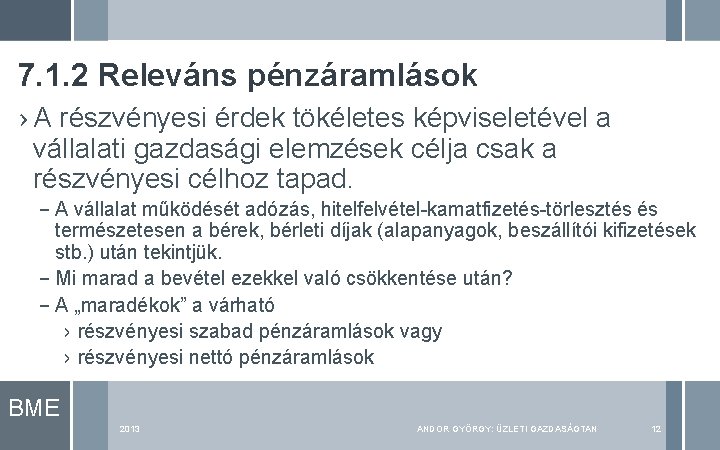 7. 1. 2 Releváns pénzáramlások › A részvényesi érdek tökéletes képviseletével a vállalati gazdasági