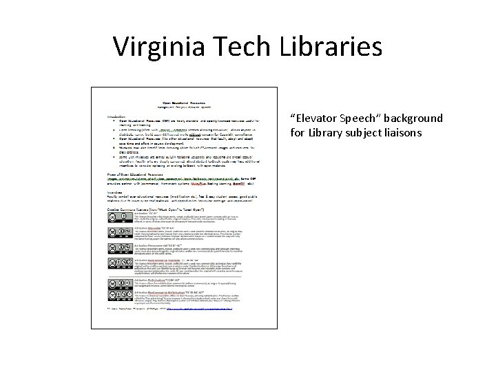 Virginia Tech Libraries “Elevator Speech” background for Library subject liaisons 