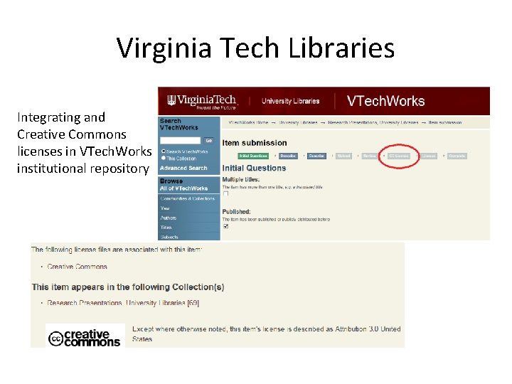 Virginia Tech Libraries Integrating and Creative Commons licenses in VTech. Works institutional repository 