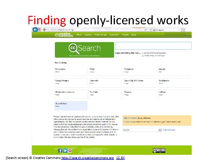 Finding openly-licensed works [Search screen] © Creative Commons http: //search. creativecommons. org CC BY
