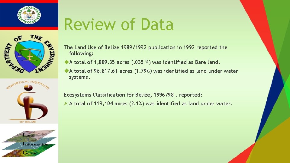 Review of Data The Land Use of Belize 1989/1992 publication in 1992 reported the