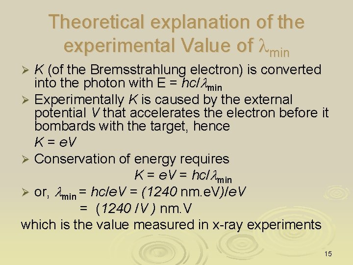 Theoretical explanation of the experimental Value of lmin K (of the Bremsstrahlung electron) is