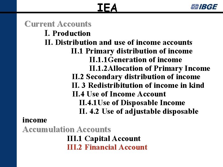 IEA Current Accounts I. Production II. Distribution and use of income accounts II. 1