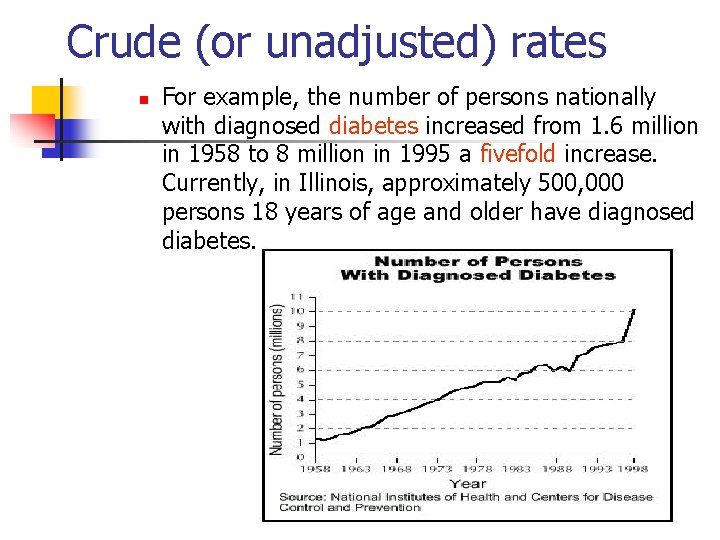 Crude (or unadjusted) rates n For example, the number of persons nationally with diagnosed