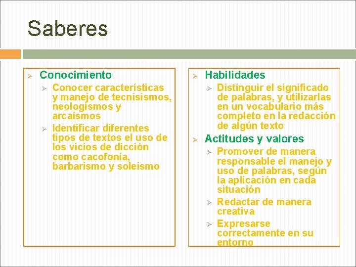 Saberes Ø Conocimiento Ø Ø Conocer características y manejo de tecnisismos, neologismos y arcaísmos