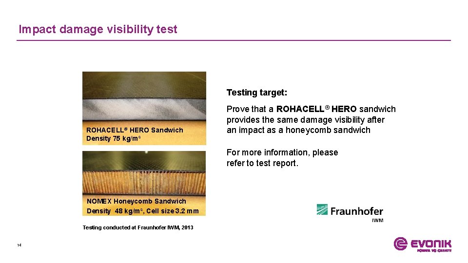 Impact damage visibility test Testing target: ROHACELL® HERO Sandwich Density 75 kg/m³ Prove that