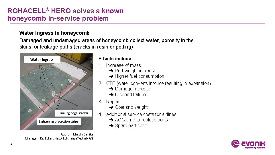 ROHACELL® HERO solves a known honeycomb in-service problem Water ingress in honeycomb Damaged and