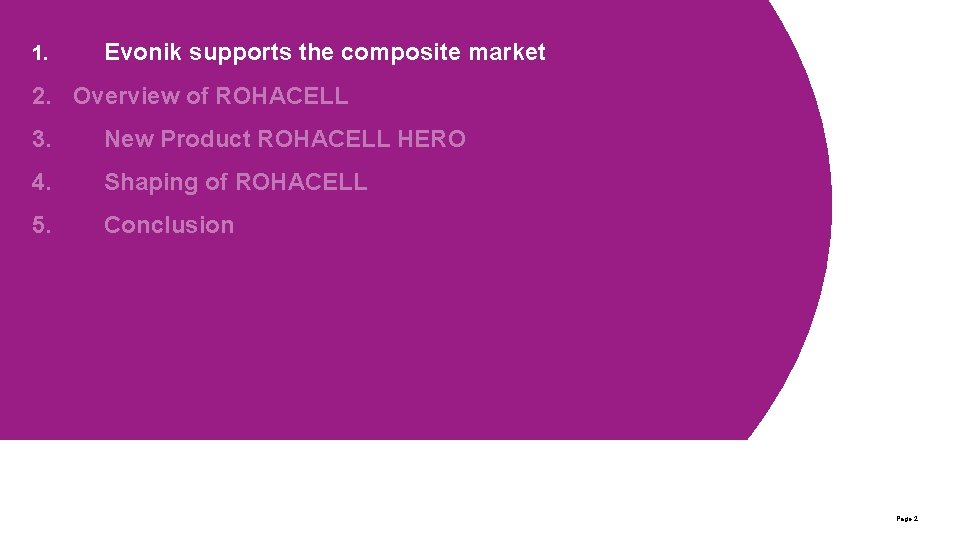 1. Evonik supports the composite market 2. Overview of ROHACELL 3. New Product ROHACELL