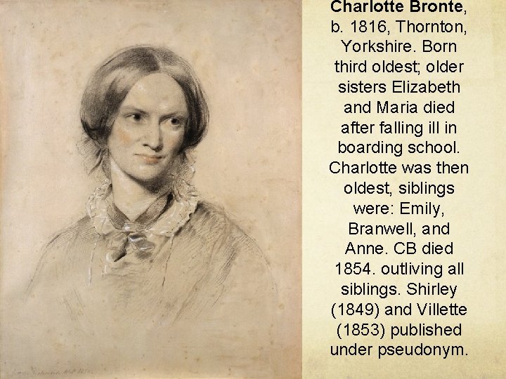 Charlotte Bronte, b. 1816, Thornton, Yorkshire. Born third oldest; older sisters Elizabeth and Maria