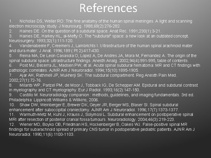 References 1. Nicholas DS, Weller RO. The fine anatomy of the human spinal meninges.