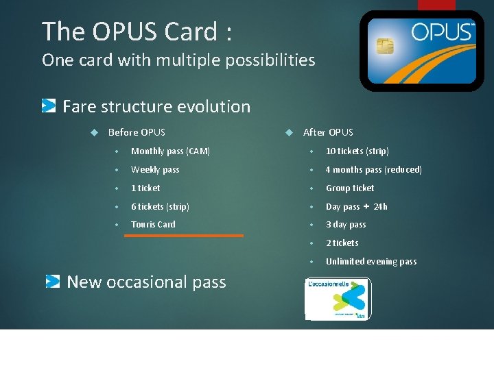 The OPUS Card : One card with multiple possibilities Fare structure evolution Before OPUS