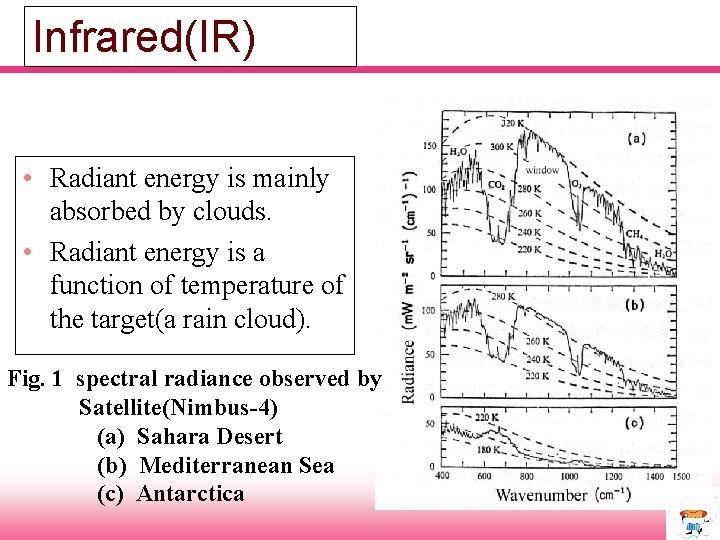Infrared(IR) • Radiant energy is mainly absorbed by clouds. • Radiant energy is a