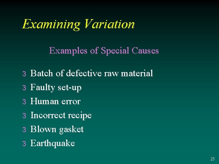Examining Variation Examples of Special Causes 3 3 3 Batch of defective raw material