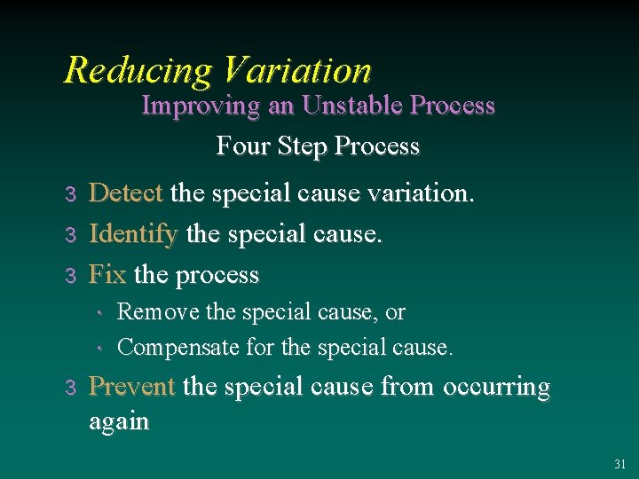 Reducing Variation Improving an Unstable Process Four Step Process 3 3 3 Detect the
