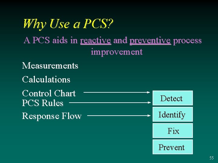 Why Use a PCS? A PCS aids in reactive and preventive process improvement Measurements