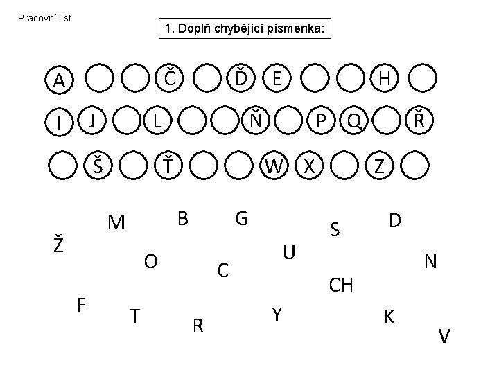 Pracovní list 1. Doplň chybějící písmenka: Č A J I L Š P Q