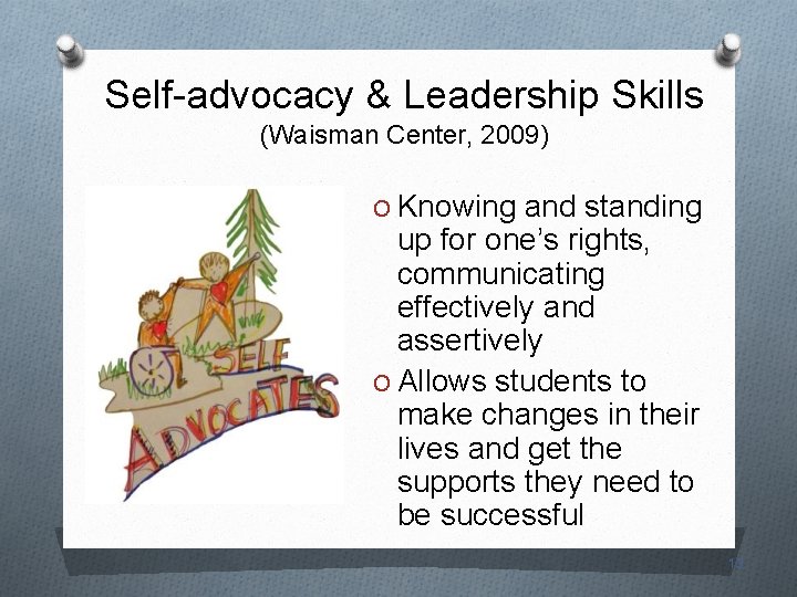 Self-advocacy & Leadership Skills (Waisman Center, 2009) O Knowing and standing up for one’s