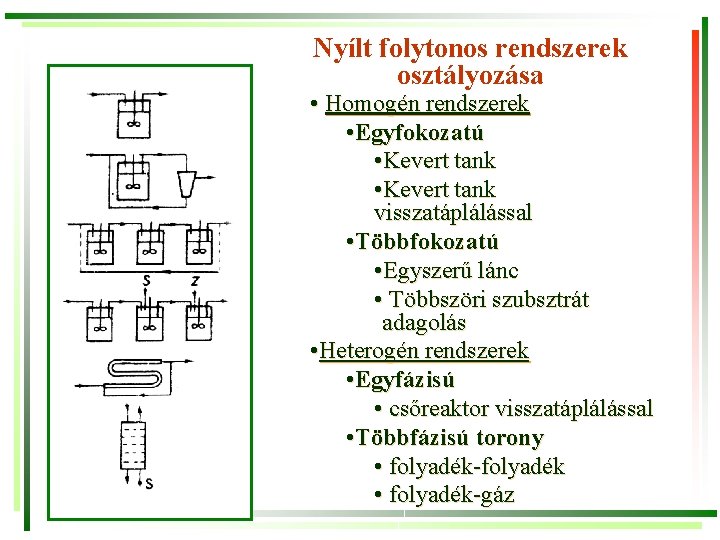 Nyílt folytonos rendszerek osztályozása • Homogén rendszerek • Egyfokozatú • Kevert tank visszatáplálással •