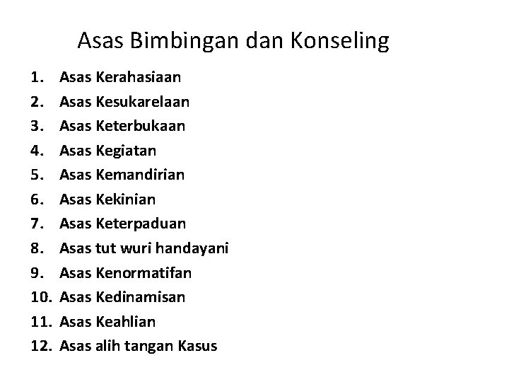 Asas Bimbingan dan Konseling 1. 2. 3. 4. 5. 6. 7. 8. 9. 10.