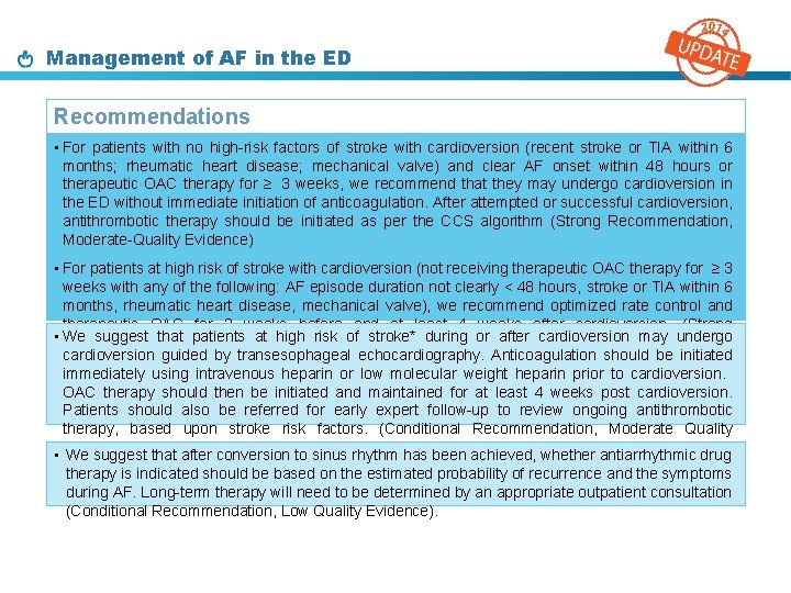 Management of AF in the ED Recommendations • For patients with no high-risk factors