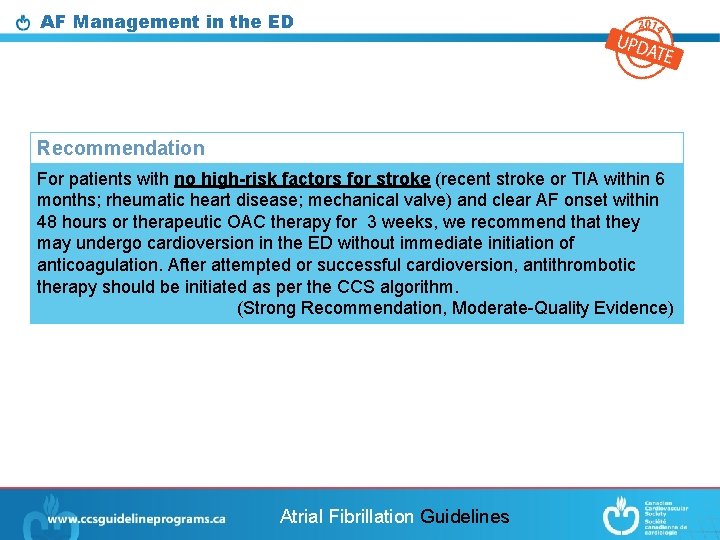AF Management in the ED Recommendation For patients with no high-risk factors for stroke