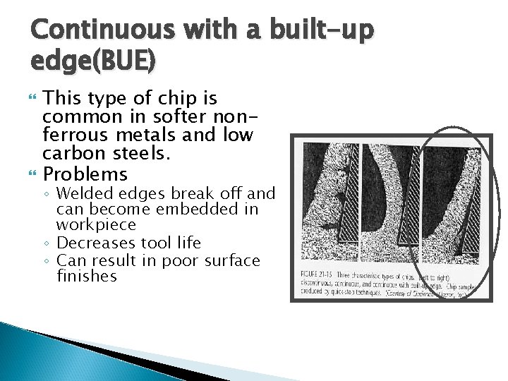 Continuous with a built-up edge(BUE) This type of chip is common in softer nonferrous