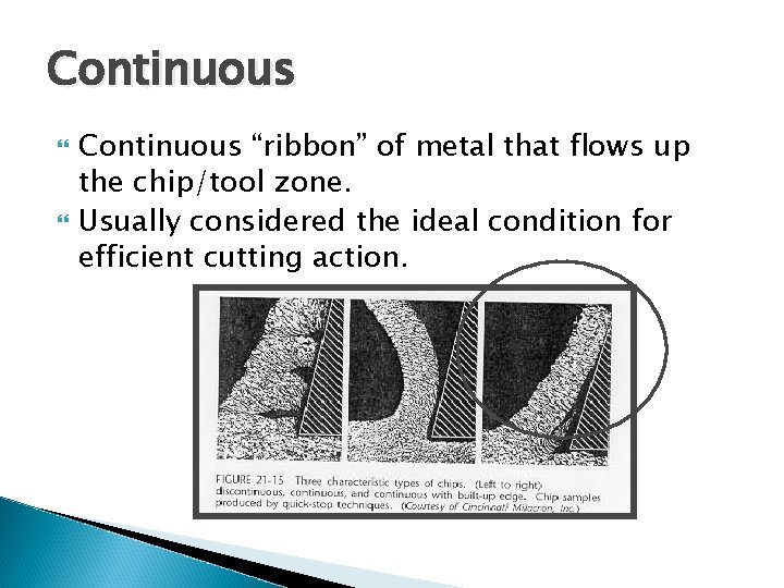 Continuous “ribbon” of metal that flows up the chip/tool zone. Usually considered the ideal