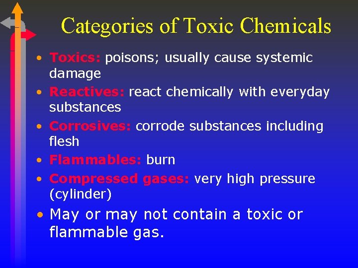 Categories of Toxic Chemicals • Toxics: poisons; usually cause systemic damage • Reactives: react