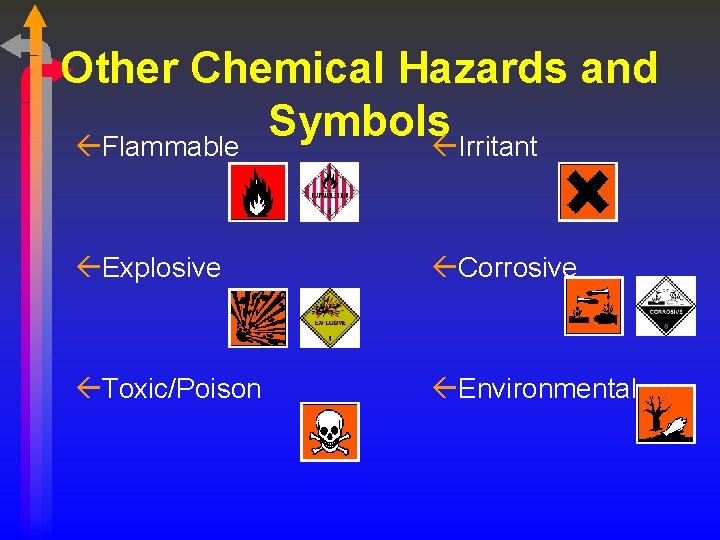 Other Chemical Hazards and Symbols ßFlammable ßIrritant ßExplosive ßCorrosive ßToxic/Poison ßEnvironmental 