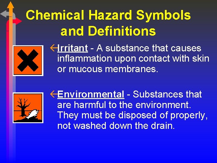 Chemical Hazard Symbols and Definitions ßIrritant - A substance that causes inflammation upon contact