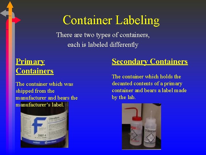 Container Labeling There are two types of containers, each is labeled differently Primary Containers