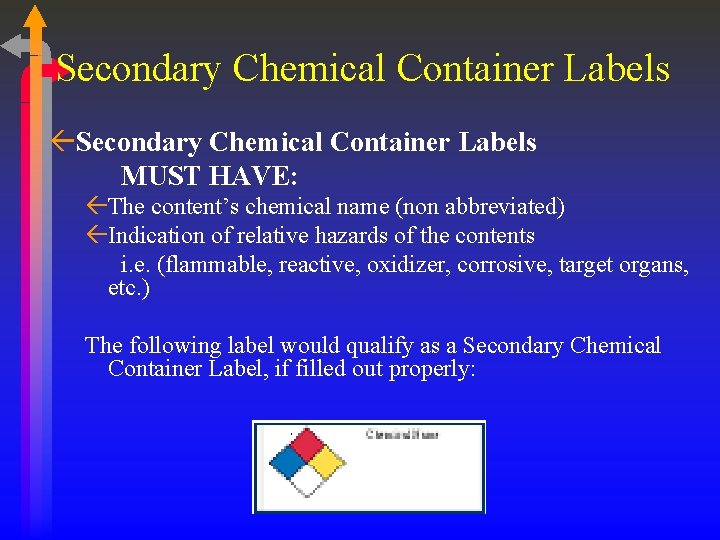 Secondary Chemical Container Labels ßSecondary Chemical Container Labels MUST HAVE: ßThe content’s chemical name