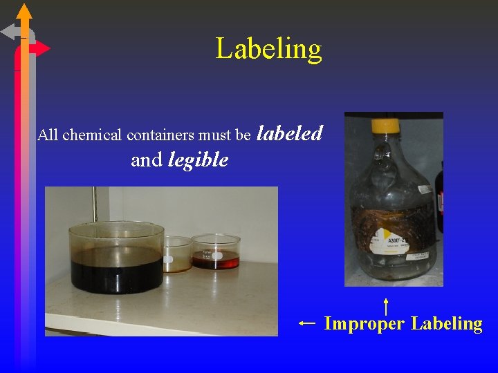 Labeling All chemical containers must be labeled and legible Improper Labeling 