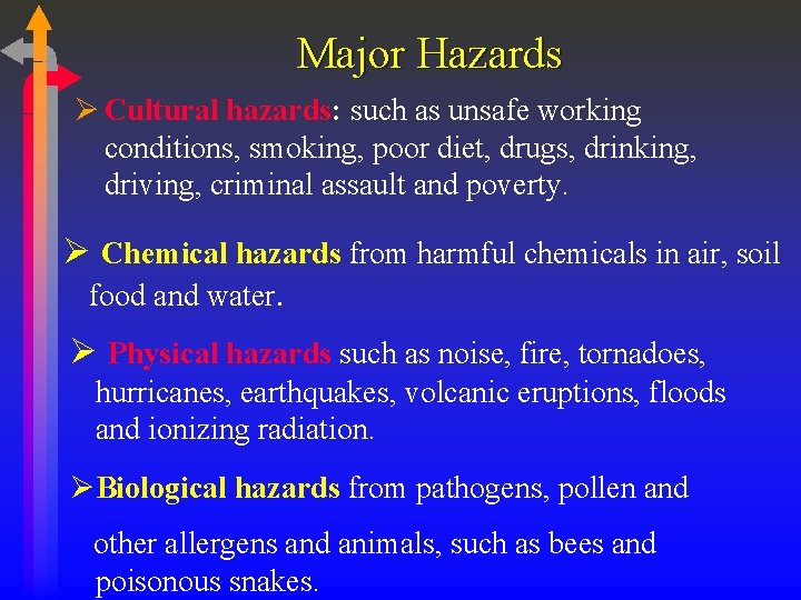 Major Hazards Ø Cultural hazards: such as unsafe working conditions, smoking, poor diet, drugs,