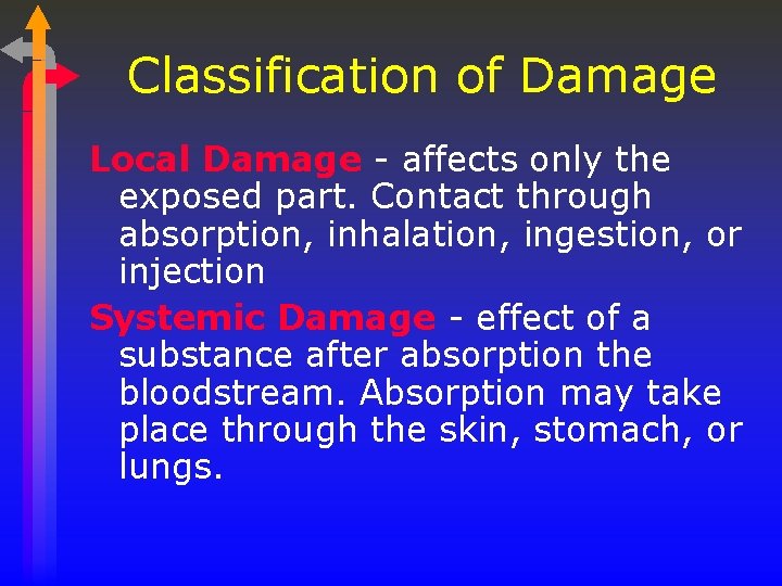 Classification of Damage Local Damage - affects only the exposed part. Contact through absorption,