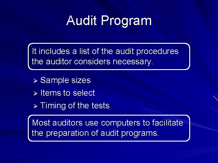 Audit Program It includes a list of the audit procedures the auditor considers necessary.